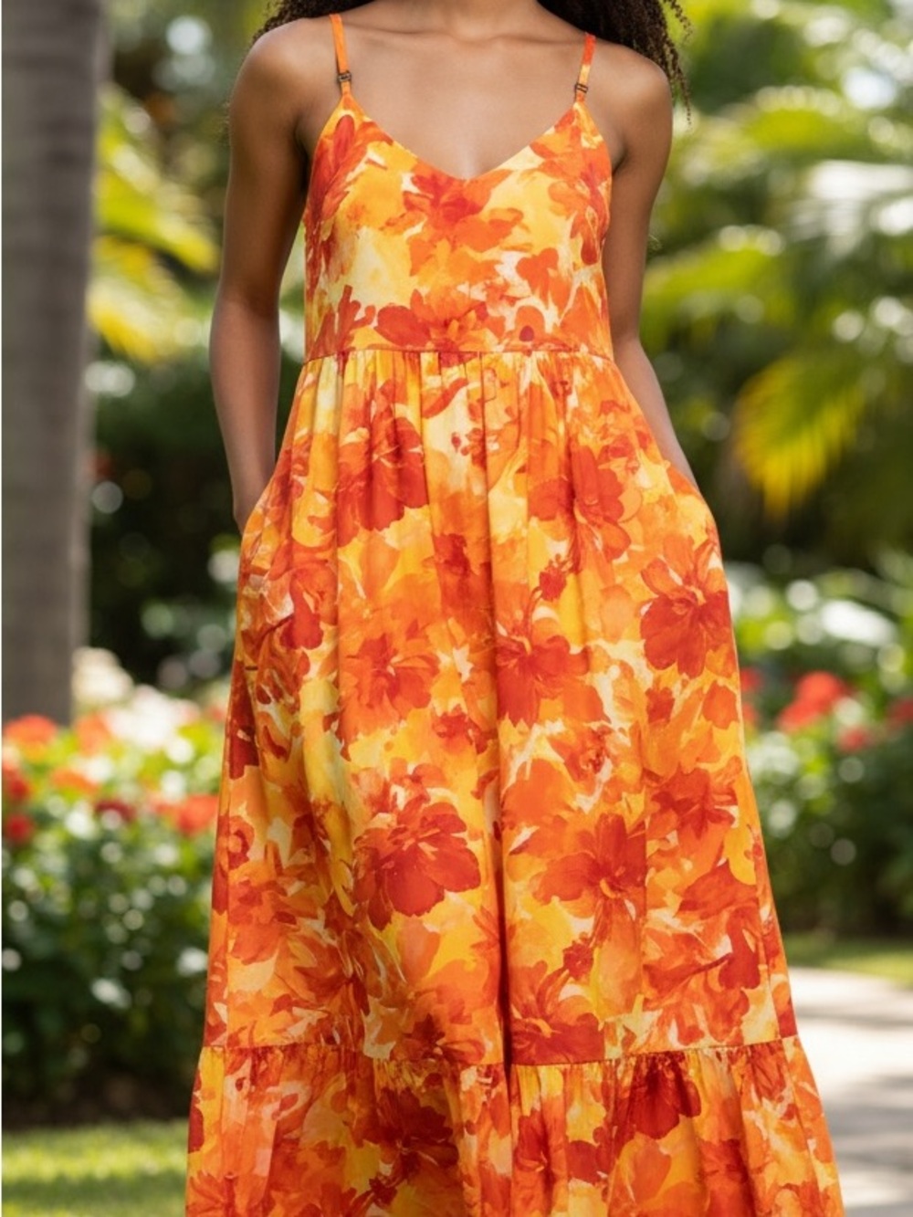 Sleeveless Orange Floral Midi Dress with V-Neck